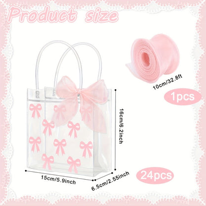 Tote Bags, Gift Bag Set Clear PVC, 24 Transparent with Pink Bow Handles and One 32.8-Foot Ribbon Roll