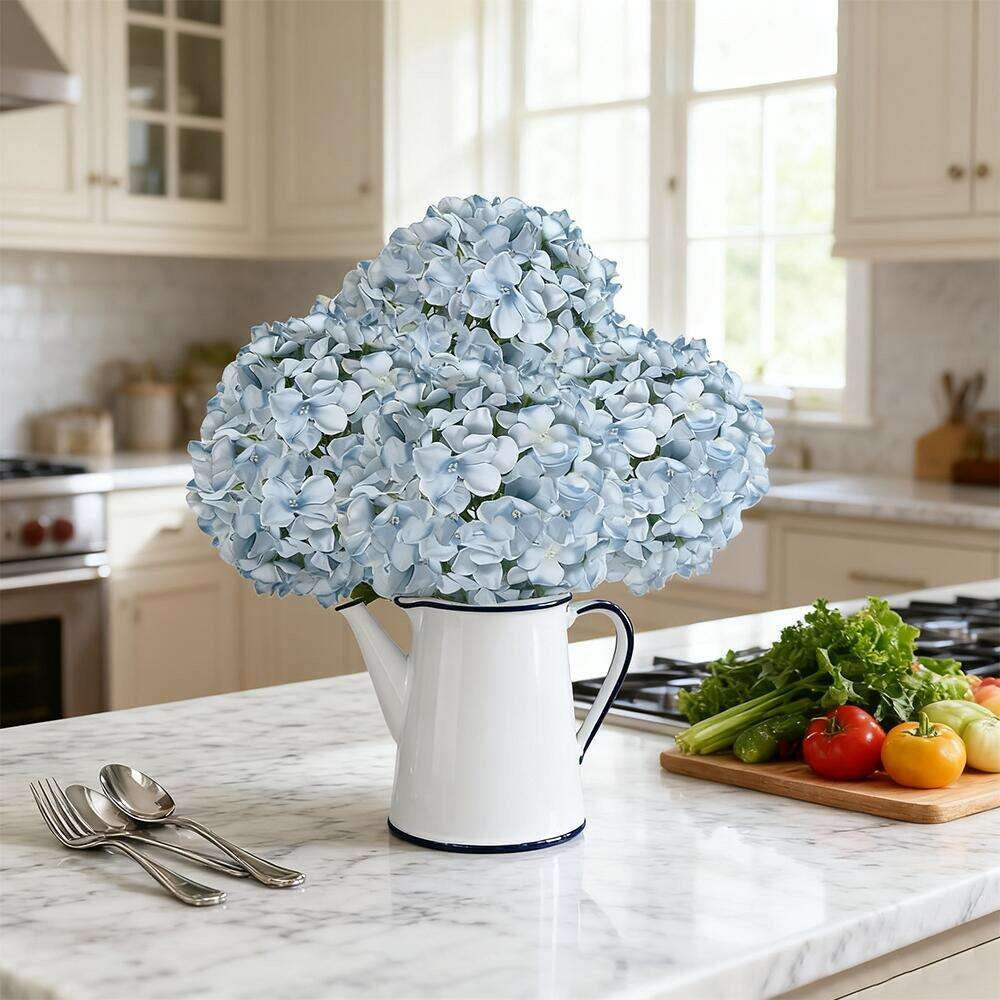 Artificial Hydrangea Flower Stems, 20-Piece 16-Inch Silk-Labeled Set in Blue or White with Green Stems
