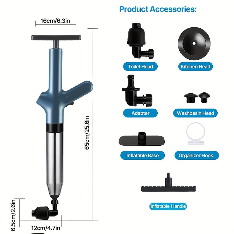 Toilet Plunger Set High Pressure Air Drain Unclogger - Stainless Steel Toilet Snake & Air Discharge Impactor for Clogged Toilet