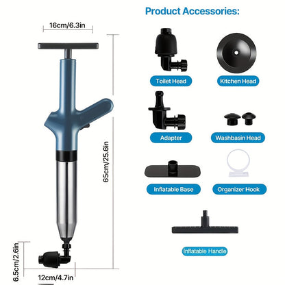 Toilet Plunger Set High Pressure Air Drain Unclogger - Stainless Steel Toilet Snake & Air Discharge Impactor for Clogged Toilet