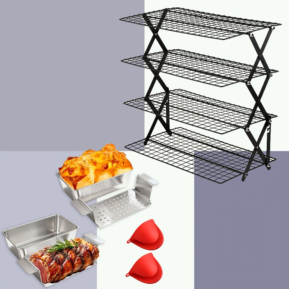 4-Tier Collapsible Cooling Rack Set with Muffin Cups – Metal Wire Baking Rack for Cookies Cakes for Grilling, Camping and Outdoor Meals