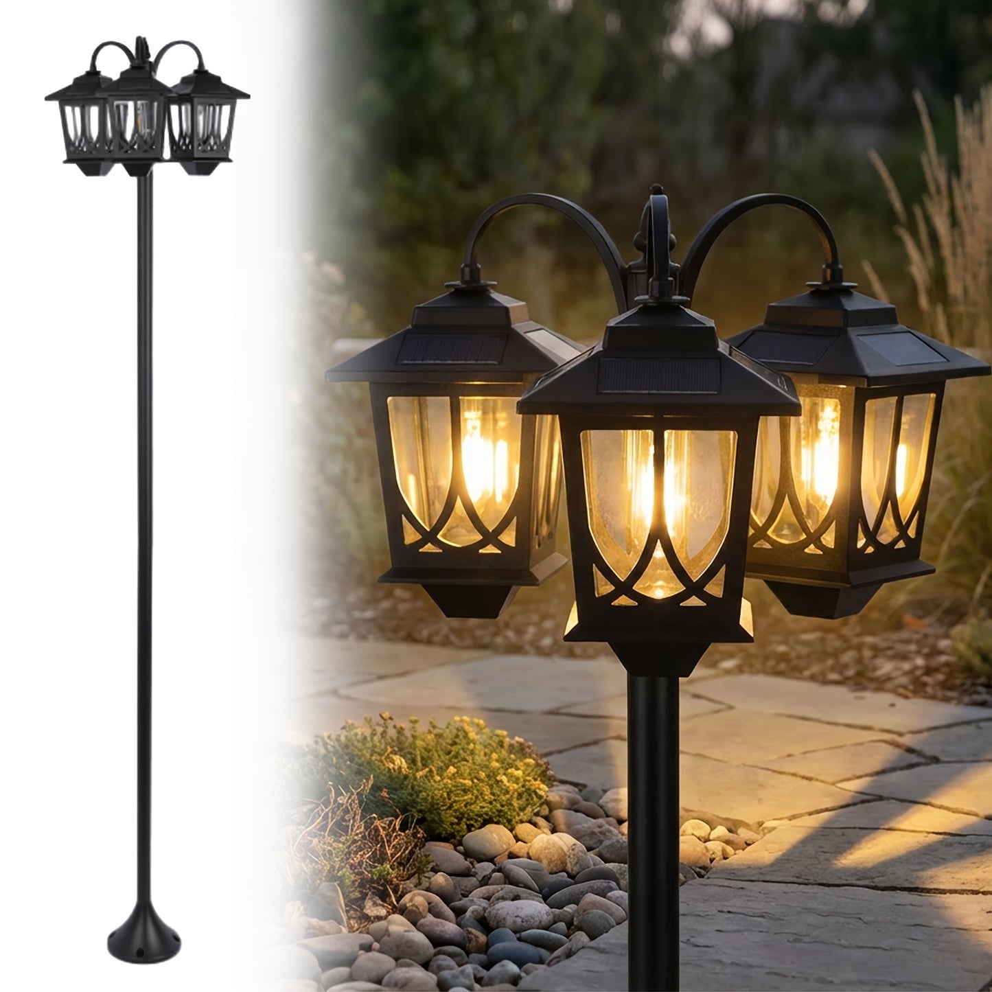 Three-Head Solar Lamp Post, Up to 73 Inches with Four Height Settings and 3000K Light Label