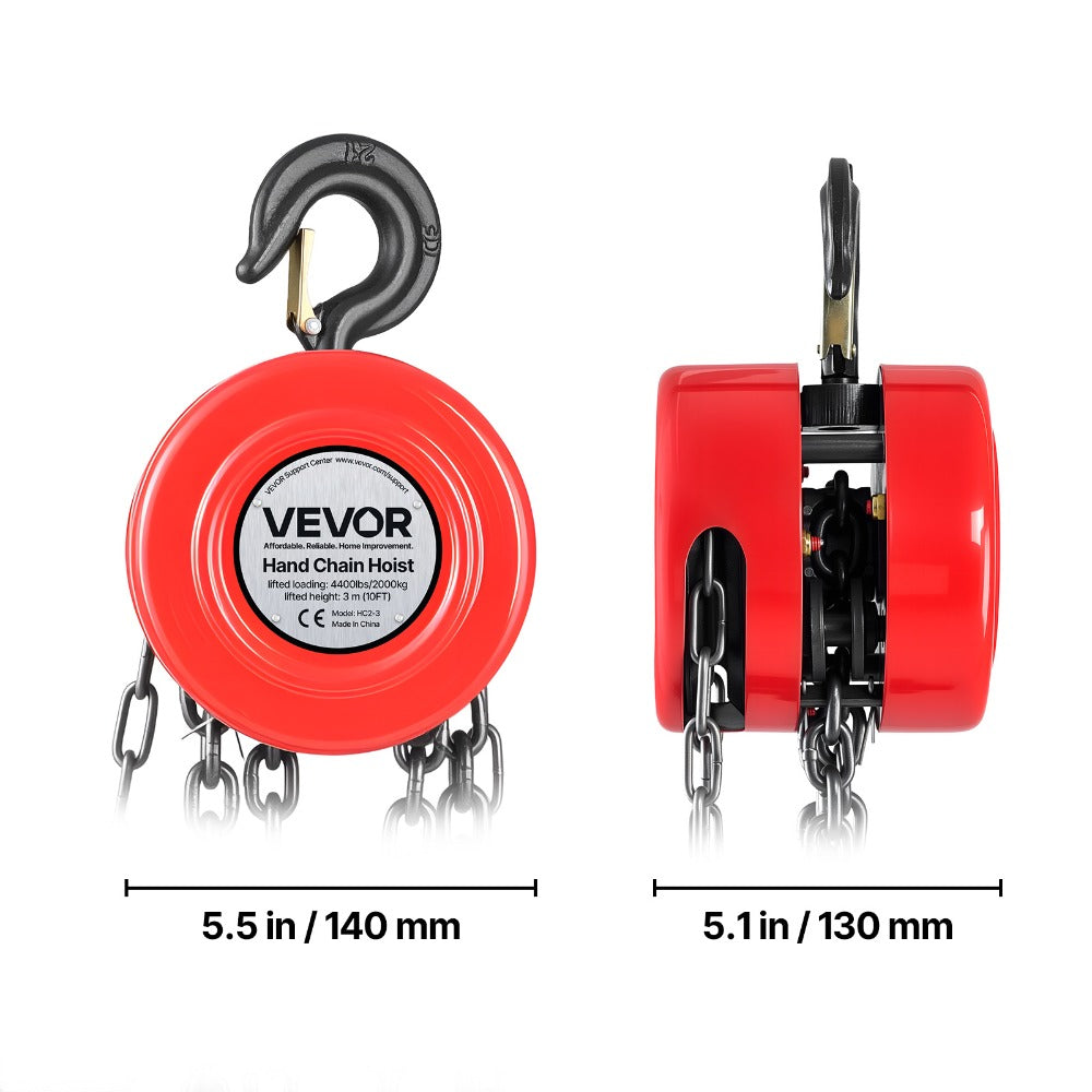 Hand Chain Hoist / Manual Chain Block with G70 Chain, 8 ft / 10 ft / 20 ft Lift Height, 360° Rotating Hooks