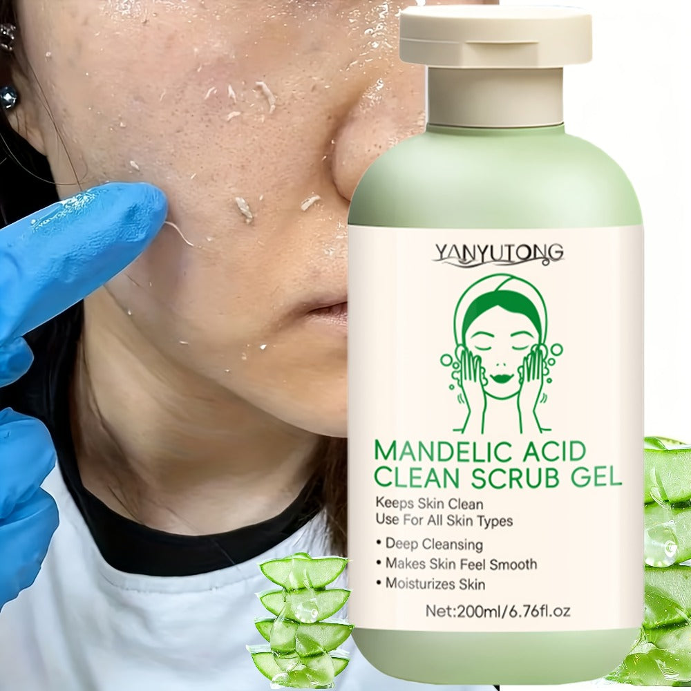 Mandelic Acid Facial Exfoliating Gel in a 200ml Green Pump Bottle for Face and Body Rinse-Off Use