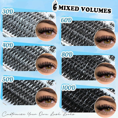 Complete 720-Piece Handmade Cluster Lash Kit with Glue & Tweezers, 30D to 100D, 6 Styles & Lengths