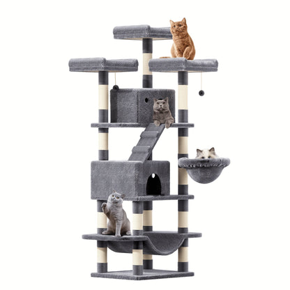 Large Multi-Level Cat Tower with Two Condos, Three Perches, Hammocks and Six Gray, Beige or Taupe Configurations