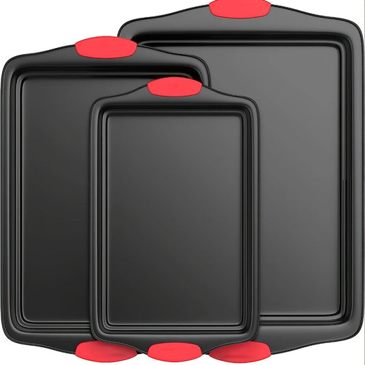 Three-Pan Gray Baking Sheet Set or Nine-Piece Kit with Six Utensils and Red Silicone Grips