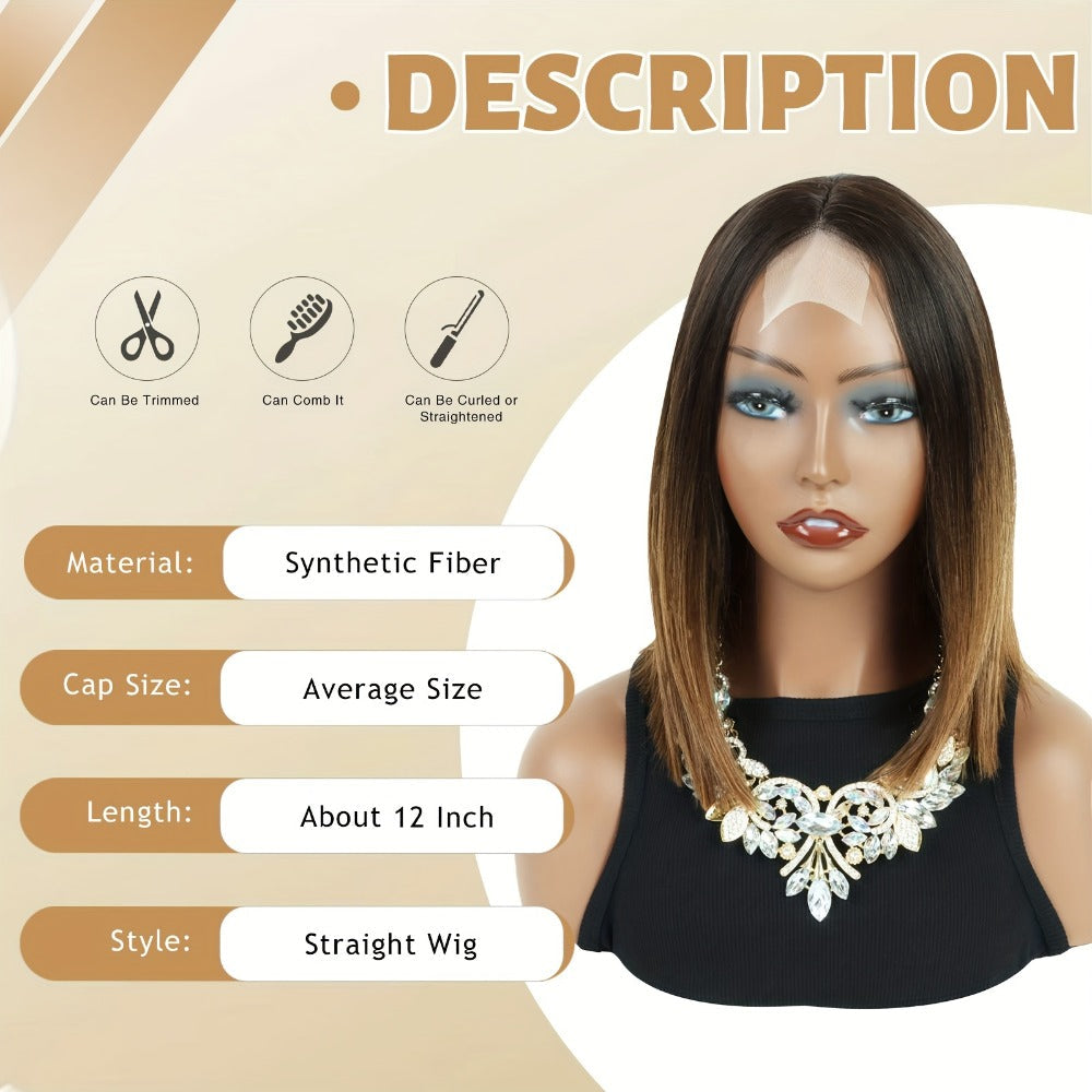 Synthetic Wig 13x2 U-Part Lace Front Straight Bob, 12-Inch Ombre Black-Brown for Daily Styling