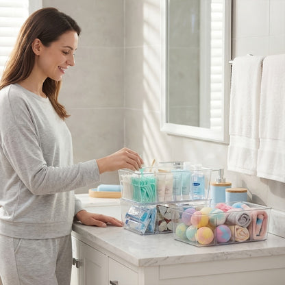 Pantry Organizer Bins 8 Pack Clear Plastic Food Storage Bins with Removable Dividers 4 Compartments for Kitchen Cabinet