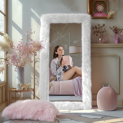 Full Length Mirror with Faux Fur Frame 24x63 Inch Leaning Floor Mirror for Bedroom Living for Entryways, Bedrooms and Living Spaces