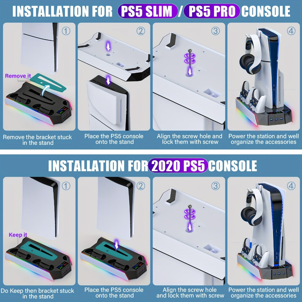 Headset Holder PS5 Cooling Stand with RGB Light, 3-Level Fan, Controller Charger & 3 USB Ports