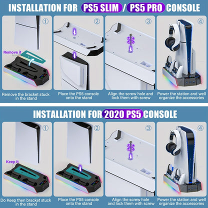 Headset Holder PS5 Cooling Stand with RGB Light, 3-Level Fan, Controller Charger & 3 USB Ports
