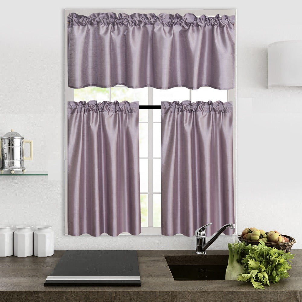 Three-Piece Faux Silk Window Curtain Set with Rod-Pocket Valance, Two 26 x 36-Inch Tiers and Eleven Colors
