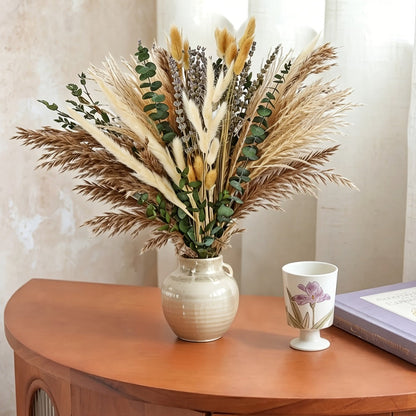 Boho Pampas Grass Dried Flower Arrangement, Lavender Eucalyptus Bouquet with Gemstone Accents for Home Decor
