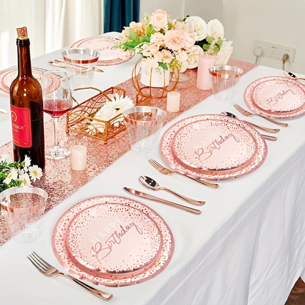 Birthday Party Plates and Napkins Set 175pcs Pink Rose Gold Disposable Tableware Forks Knives for Entryways, Bedrooms and Living Spaces