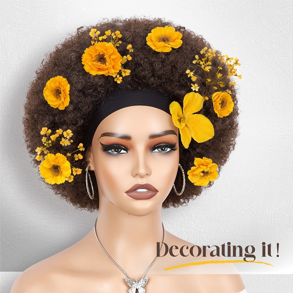 Afro Curly Headband Wig for Women Short Kinky Curly 180% Density – No Lace No Glue Synthetic Wig with Attached Headband, Heat Resistant
