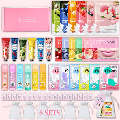 30-Piece Fruit-Themed Skincare Gift Set with Colorful Tubes, Mask Packets, Small Containers and Pink Zip Pouch