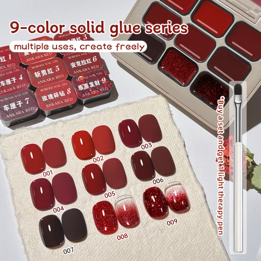 Gel Nail Polish Nine-Piece Ancola Red Solid Gel Set for Gradient and Ombre Nail Art in One Grid Case