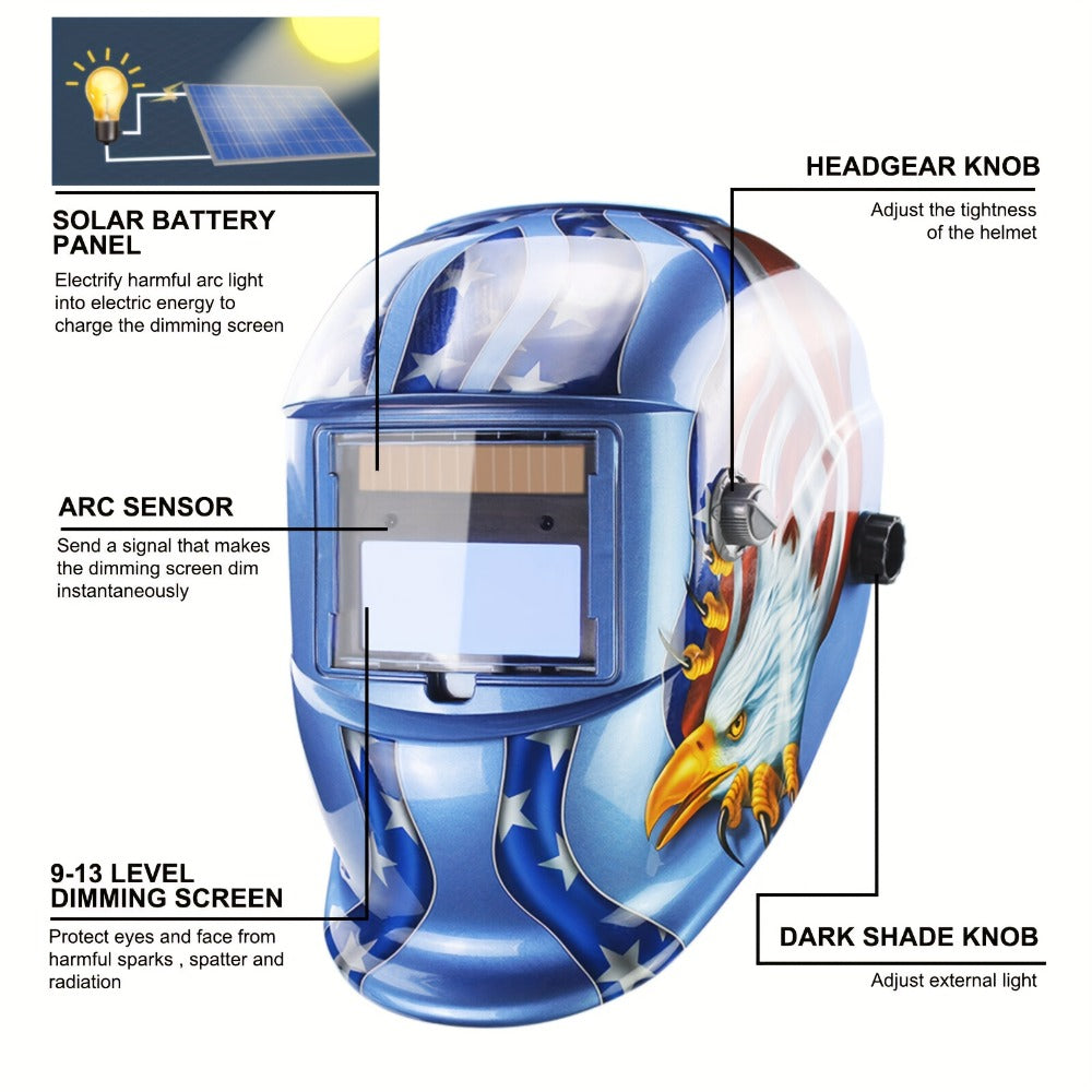 Auto-Darkening Welding Helmet Solar Powered True Color – Wide View DIN 9-13 Adjustable, 1/25000s Response