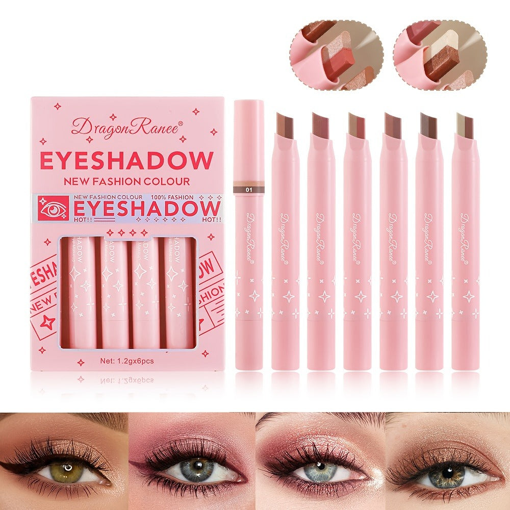 Dual-Color Eyeshadow Stick Set 6pcs Waterproof Two-Tone Eye Shadow Pencil, Smudge-Proof, Non-Fading