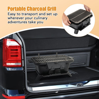 Cast Iron Charcoal Grill Portable Hibachi Tabletop BBQ Grill 16x11in Double-Sided Grate for Grilling, Camping and Outdoor Meals