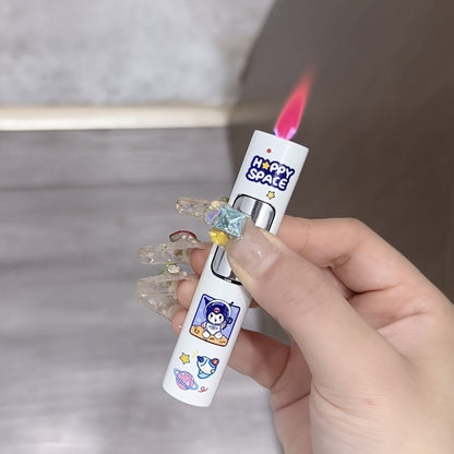 Kawaii Windproof Lighter Sanrio Kuromi Hello Kitty Pink Flame Cylindrical Lighter Luminous for Entryways, Bedrooms and Living Spaces