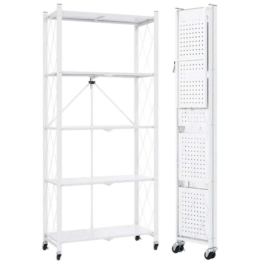 Storage Rack 3-5 Tier Foldable Shelving Unit with Wheels – Portable Multi-Layer Floor Standing Utility Shelf Organizer for Bedroom Closet