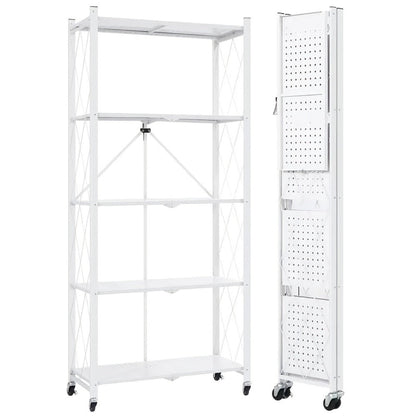 Storage Rack 3-5 Tier Foldable Shelving Unit with Wheels – Portable Multi-Layer Floor Standing Utility Shelf Organizer for Bedroom Closet