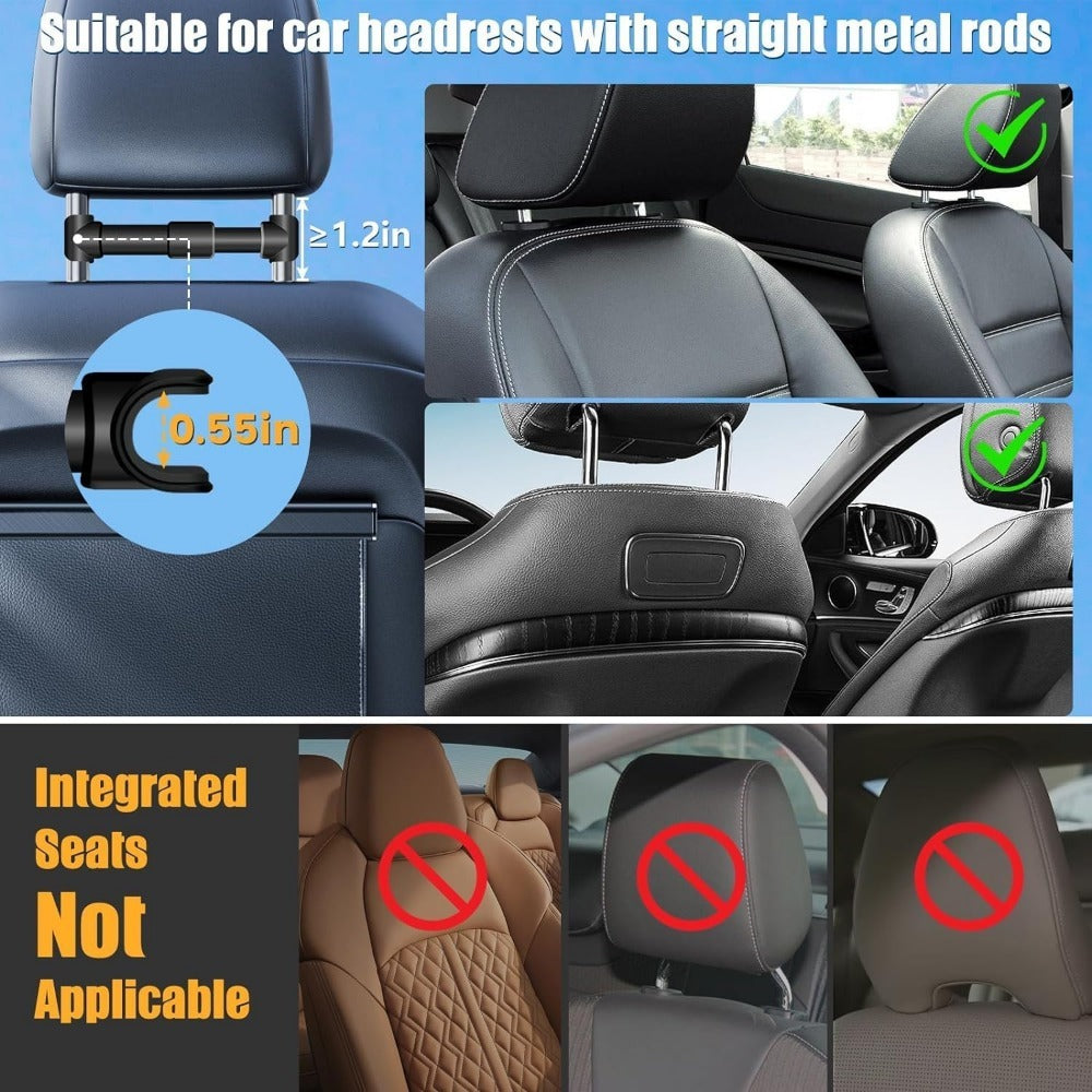 Car Headrest Tablet Mount 2-Pack – 360° Rotating Adjustable Holder for iPad & Tablets 5.5–18.4 Inch, Soft Sponge Padding