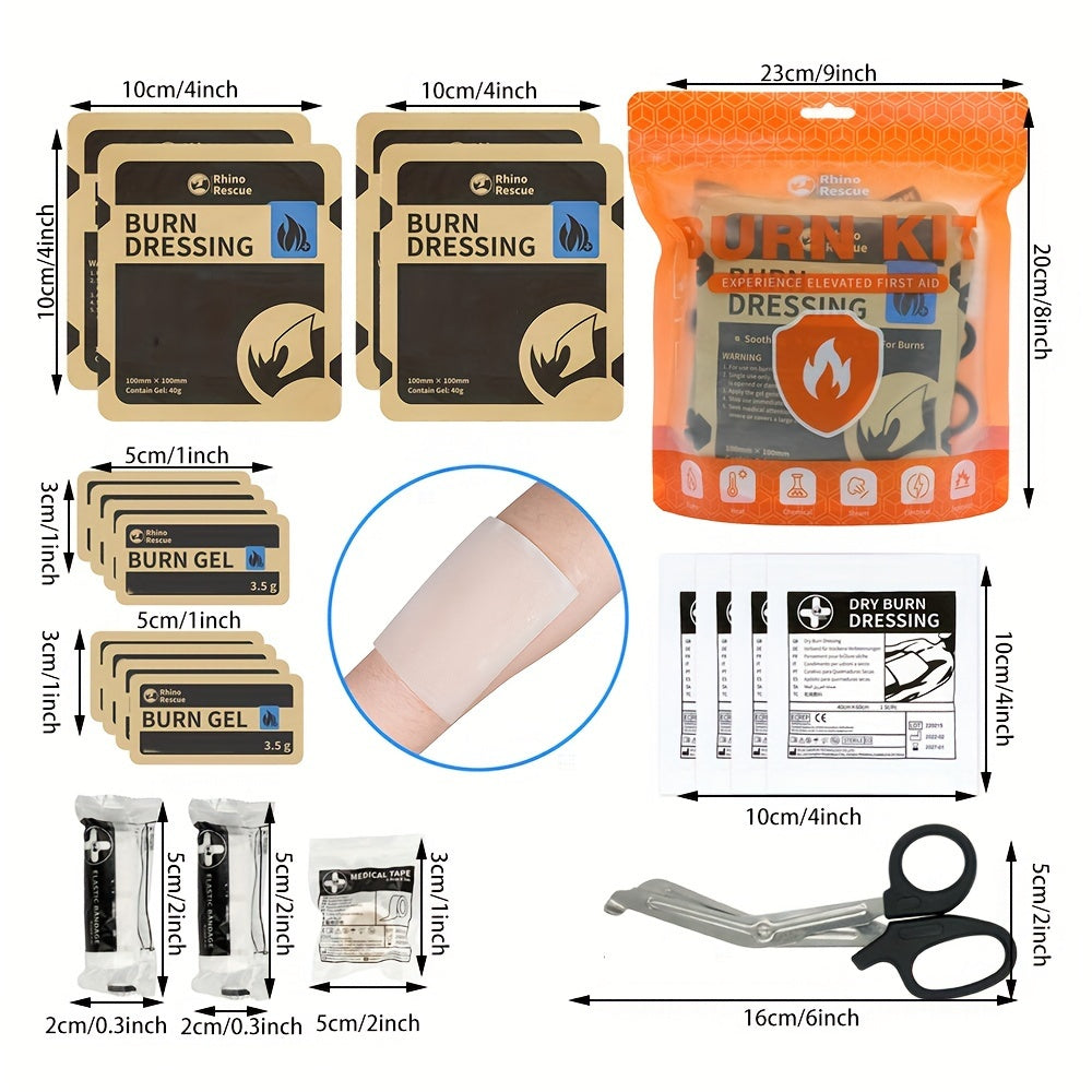 RHINO RESCUE Burn Dressing First Aid Kit with 20 Labeled Supplies in an Orange Zipper Pouch