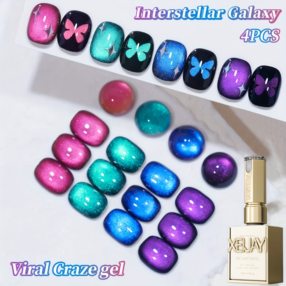 Gel Nail Polish 4-Color Interstellar Galaxy Magnetic Cat-Eye Set with Shimmer Finish and UV/LED Soak-Off Cure