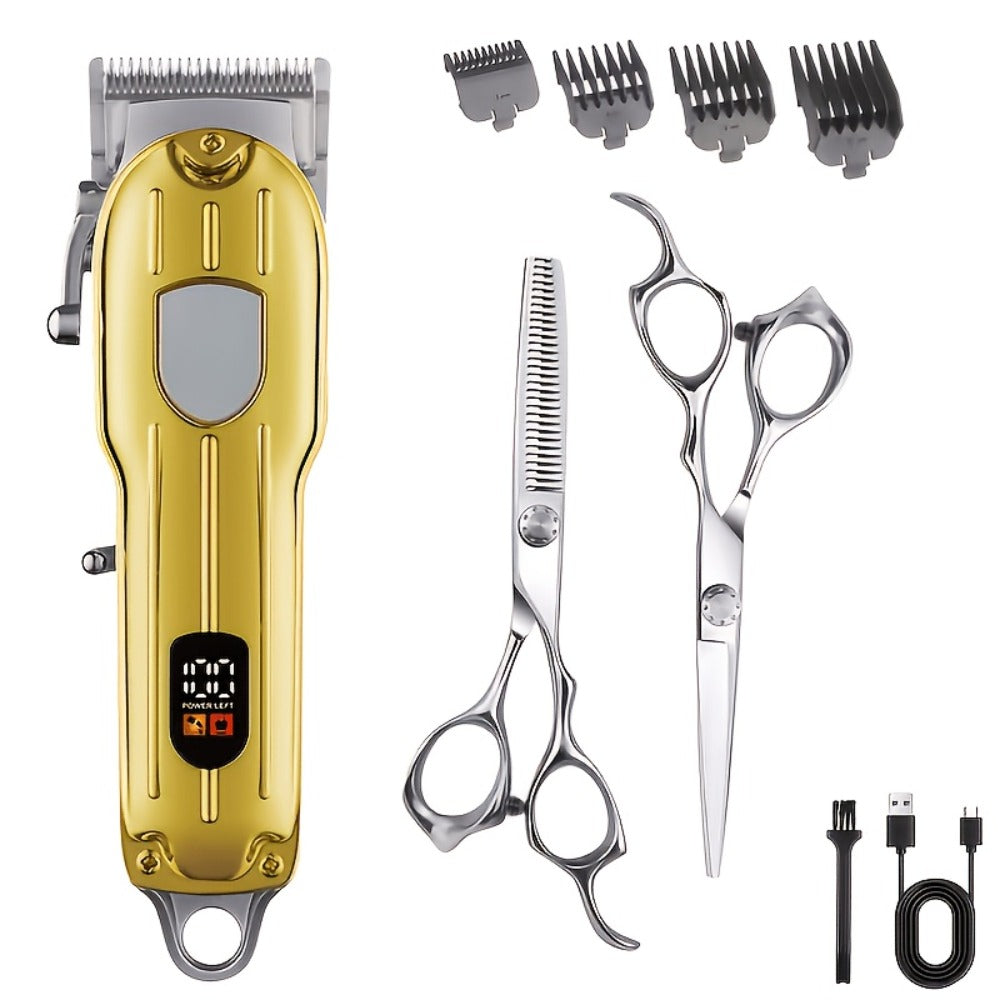 Barber Hair Clipper Kit for Men – USB Rechargeable Digital Size Adjustment, Complete Set with Scissors & 4 Limit Combs