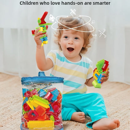 Hedgehog Bristle Blocks for Toddlers 150PCS, Interlocking Brush Building Set, Sensory STEM Learning Toy for Kids Ages 2 3 4 5