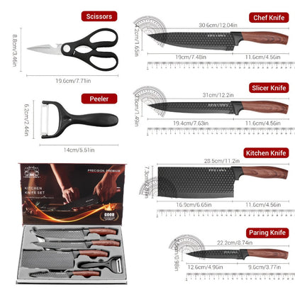 Kitchen Knife Set Professional Stainless Steel with Wooden Block – Hammer Textured Chef Knives, Self-Sharpening, Scissors Included