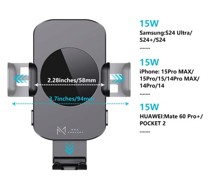 15W Auto-Clamping Wireless Car Phone Mount with Dashboard Suction Base and Blue or Gold Finish