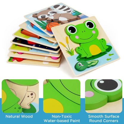 Wooden Animal Puzzles for Toddlers 8-Pack, Colors & Shapes Cognition Learning Toy for Kids Ages 1 2 3