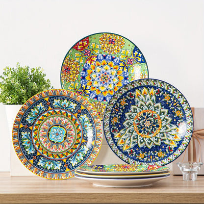 Bohemian Dinner Plates Set of 6 – 10.5 Inch Colorful Stoneware Plate Set Microwave Dishwasher Safe Scratch Resistant Porcelain Dinnerware