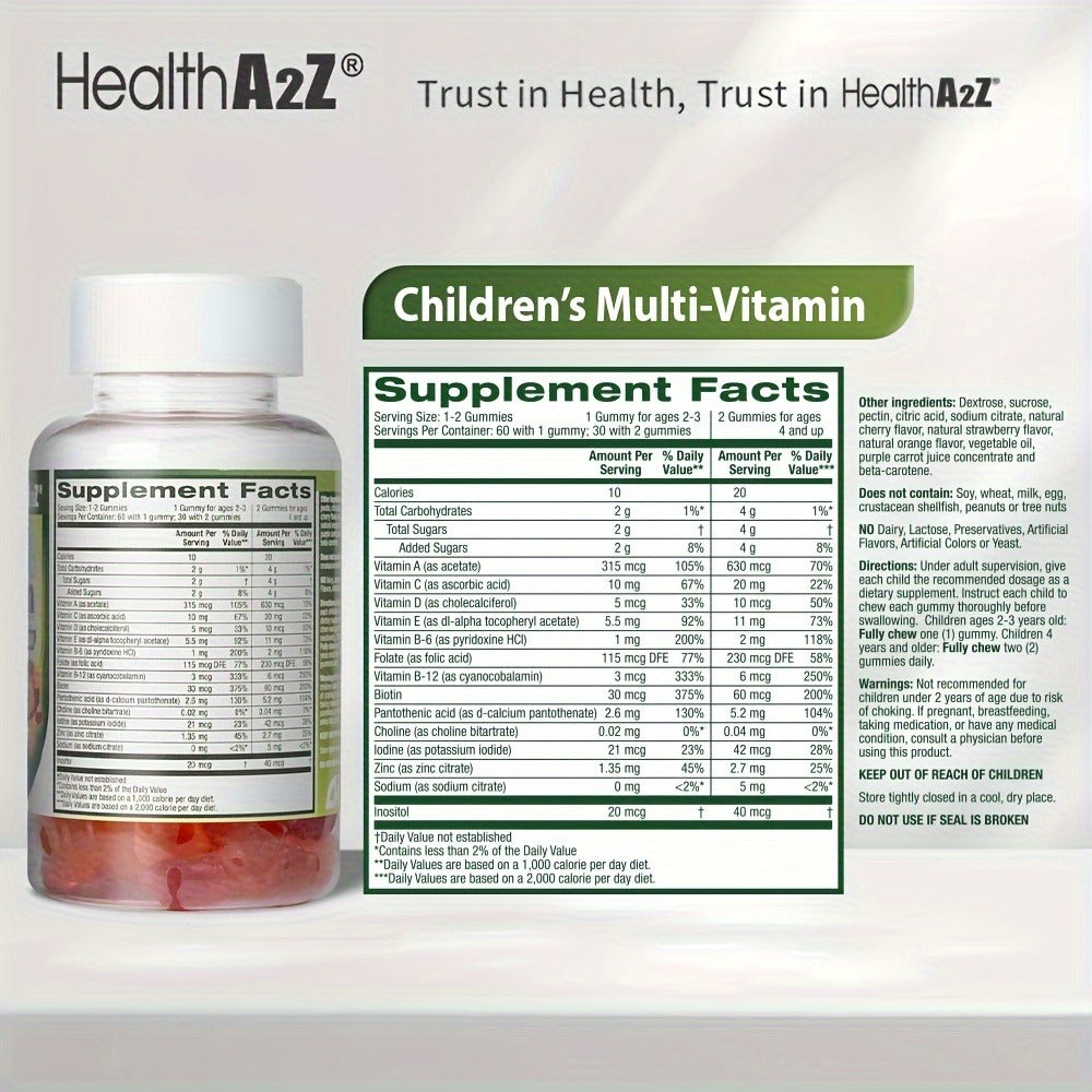 Kids Multivitamin Gummies 60ct with D3, Vitamins A, C, E, B6, B12, Folic Acid, Zinc & Choline for Brain