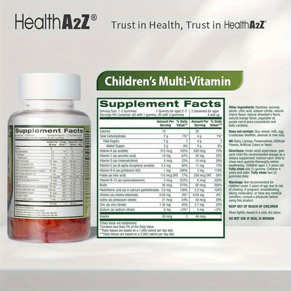 Kids Multivitamin Gummies 60ct with D3, Vitamins A, C, E, B6, B12, Folic Acid, Zinc & Choline for Brain