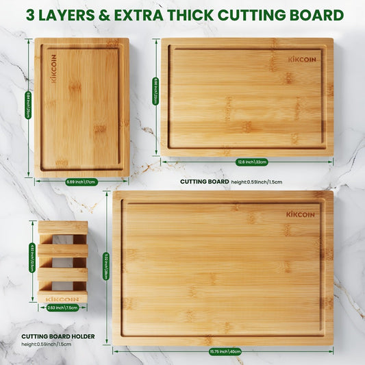 Four-Piece Bamboo Cutting Board Set with Graduated Sizes, Juice Grooves and Storage Rack Included