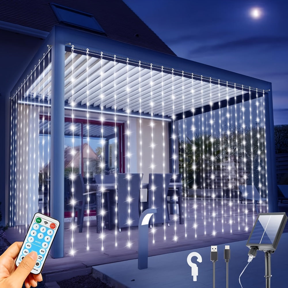 Solar Curtain Lights Outdoor 300 LED Waterfall Fairy String Lights with 8 Modes Remote for Entryways, Bedrooms and Living Spaces