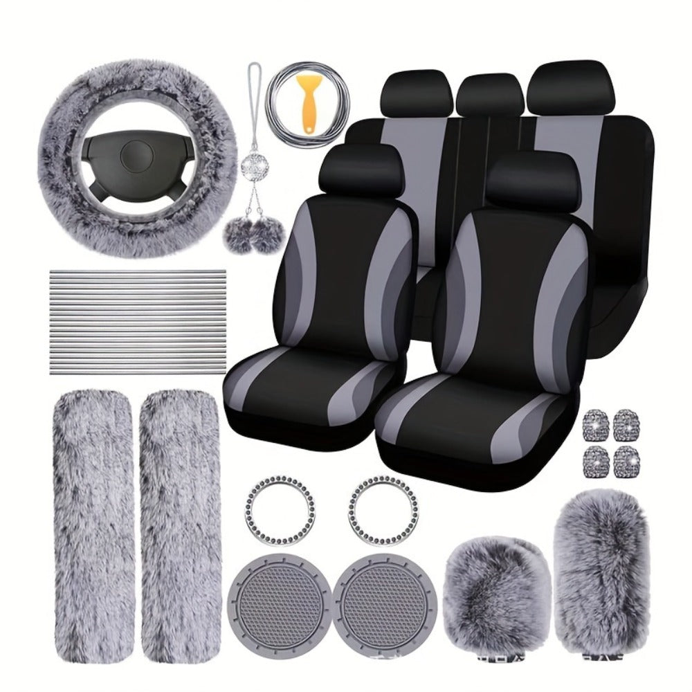 Car Interior Accessories Set for Women 45-Piece – Plush Steering Wheel Cover, Seat Cushion & Pendant, Universal Fit All Seasons