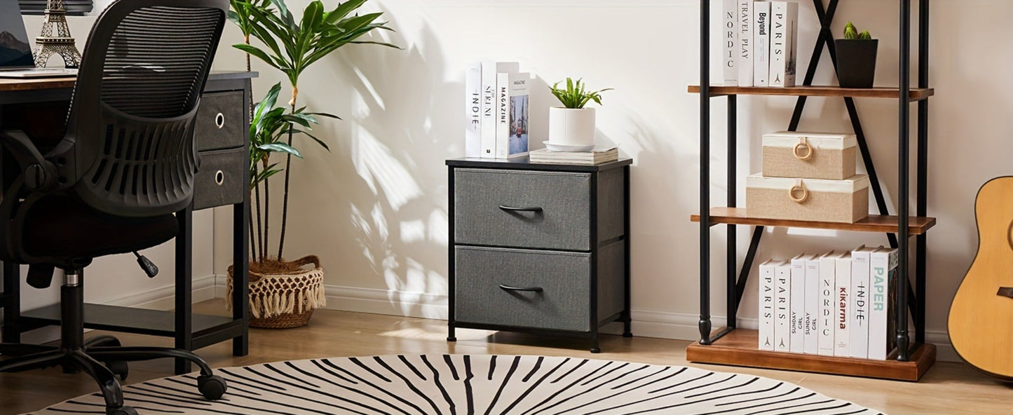 Nightstand with 2 Storage Drawers, 20" Bedside Table with Wooden Top & Fabric Cabinet, Steel Frame Mini Dresser for Bedroom