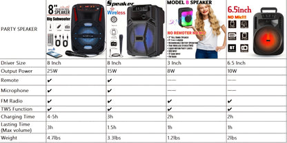 8-Inch Bluetooth Party Speaker with LED Lights & Wired Microphone, TWS Stereo Bass Boost, FM Radio