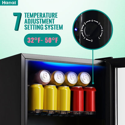 Beverage Refrigerator with Glass Door, Mini Drink Cooler Fridge with Blue LED Light, 3 Adjustable Shelves & R600a Compressor