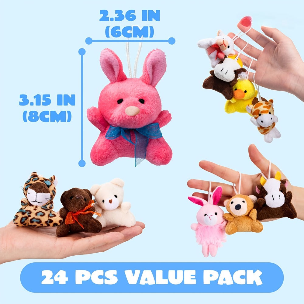 24-Piece Mini Plush Animal Keychain Set with 2.4–3.2 Inch Assorted Figures and Hanging Loops