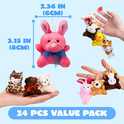 24-Piece Mini Plush Animal Keychain Set with 2.4–3.2 Inch Assorted Figures and Hanging Loops