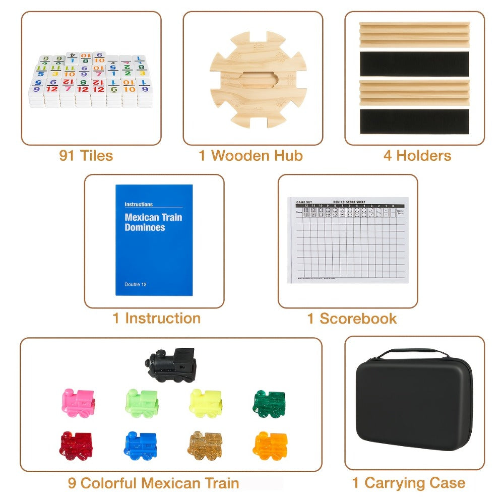 Mexican Train Dominoes Double 12 Set – 91 Colorful Tiles, 9 Metal Trains & 4 Wooden Racks, Complete Strategy Board Game with EVA Travel Case