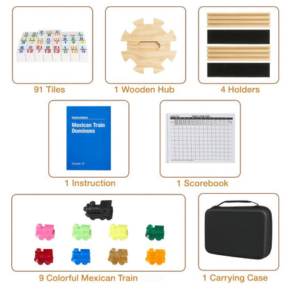 Mexican Train Dominoes Double 12 Set – 91 Colorful Tiles, 9 Metal Trains & 4 Wooden Racks, Complete Strategy Board Game with EVA Travel Case