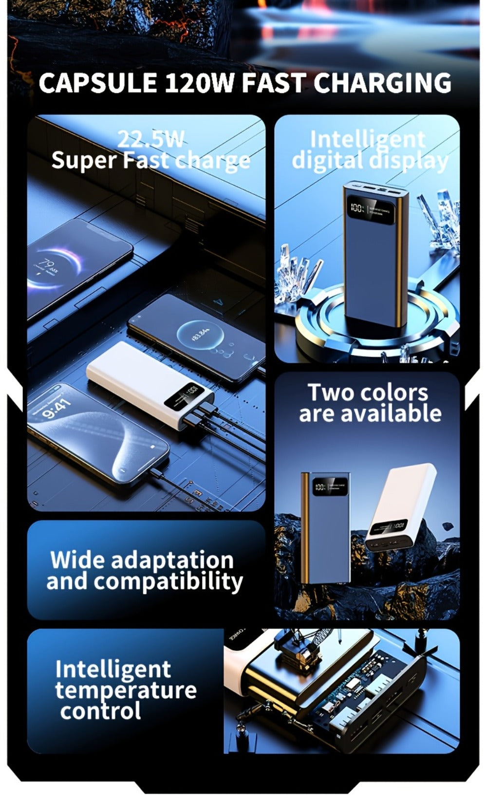 Power Bank 30000mAh 22.5W with Two-Way Charging, Dual USB, USB-C and Digital Display in White